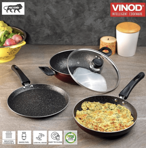 Vinod Supreme Plus Non Stick Cookware Set of 3 | Frypan, Kadai with lid, and Dosa Tawa | 5-Ply Aluminum Layer (3mm Thick) | Gas and Induction Base | 2 Year Warranty - Image 2